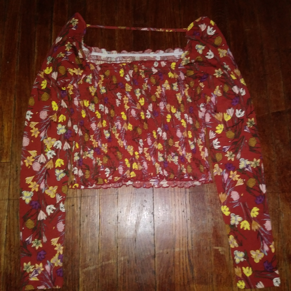 Long Sleeve Crop Top Burgandy Floral